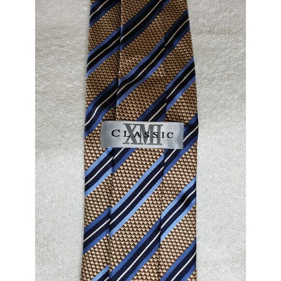 XMI Classic 100% Silk Tie Gold Blue Stripes Executive Look Retails for $75 NWT - Picture 2 of 5